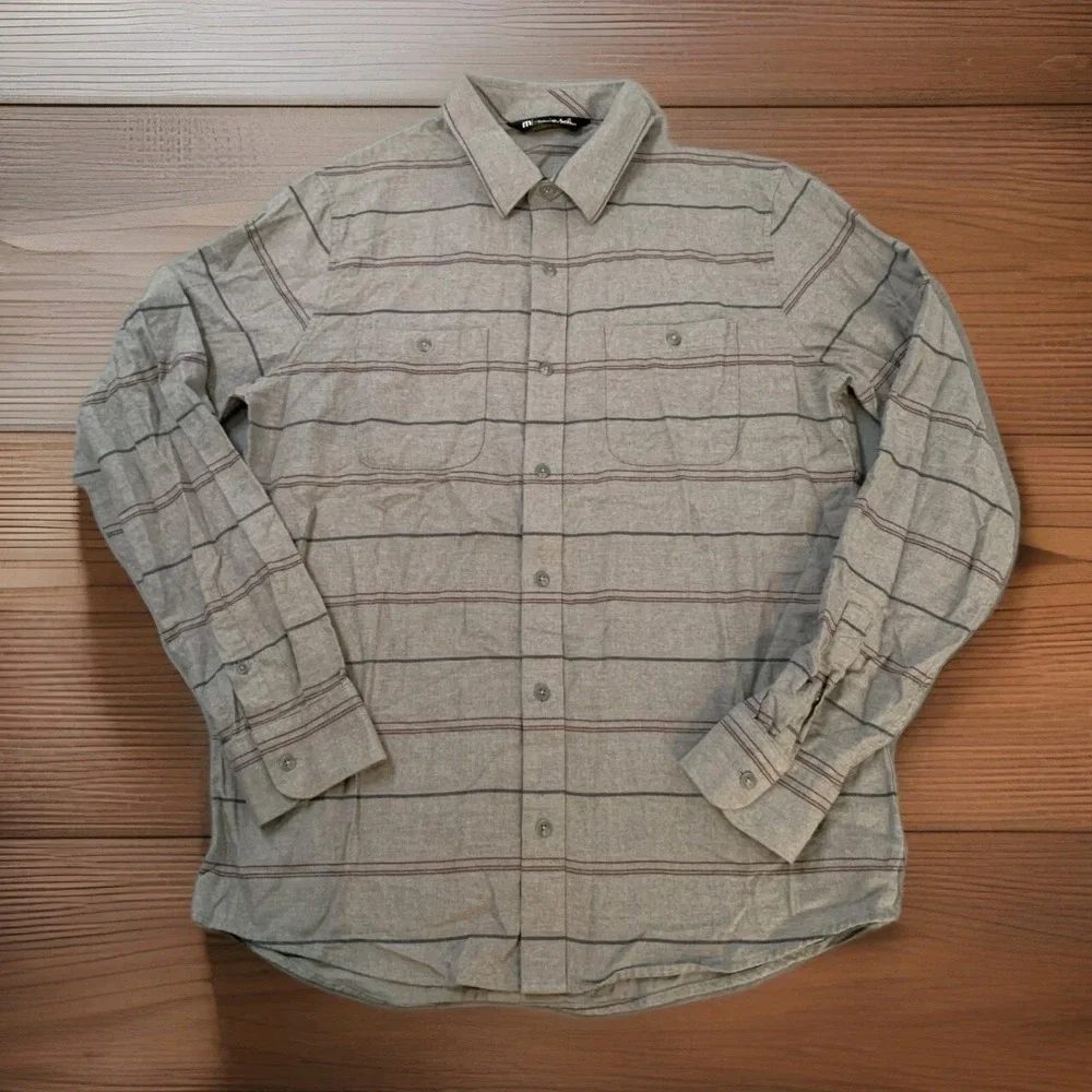 Travis Mathew Cloud Flannel Shirt Men M Heather Gray Striped Button Up NWOT $129